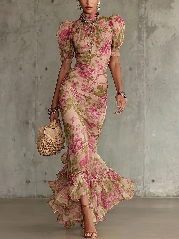 Women's race day or wedding guest floral mermaid maxi dress with elegant ruffle hem and puff sleeves.