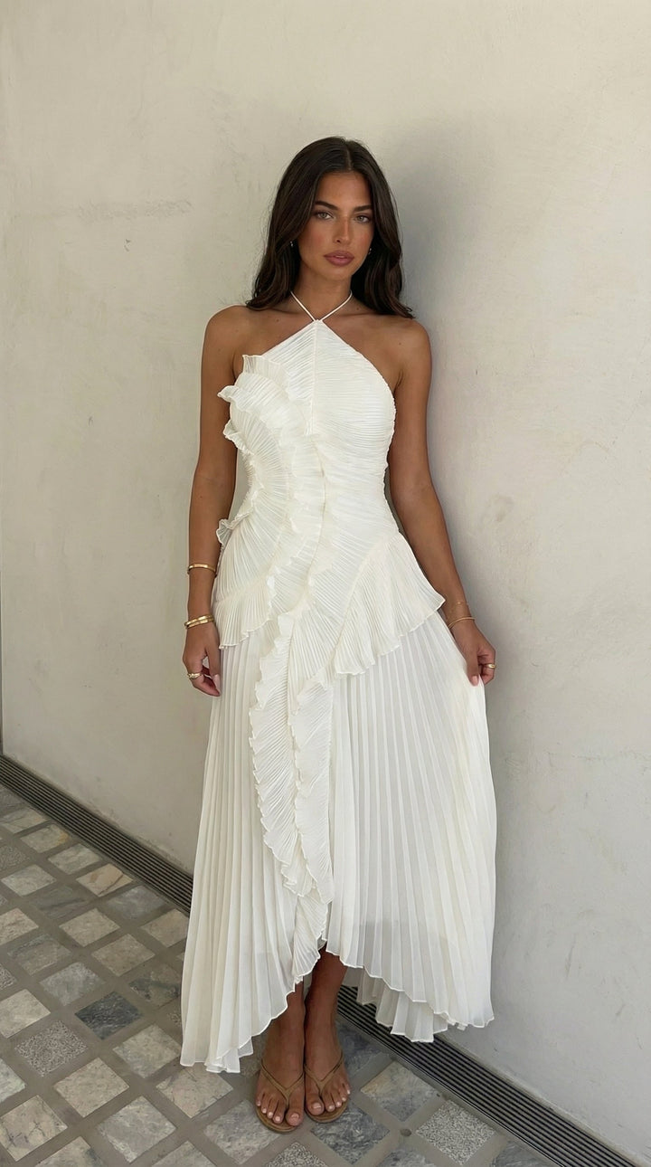 Elegant women's asymmetrical maxi dress with a chic halter neck, ideal for formal evening events.