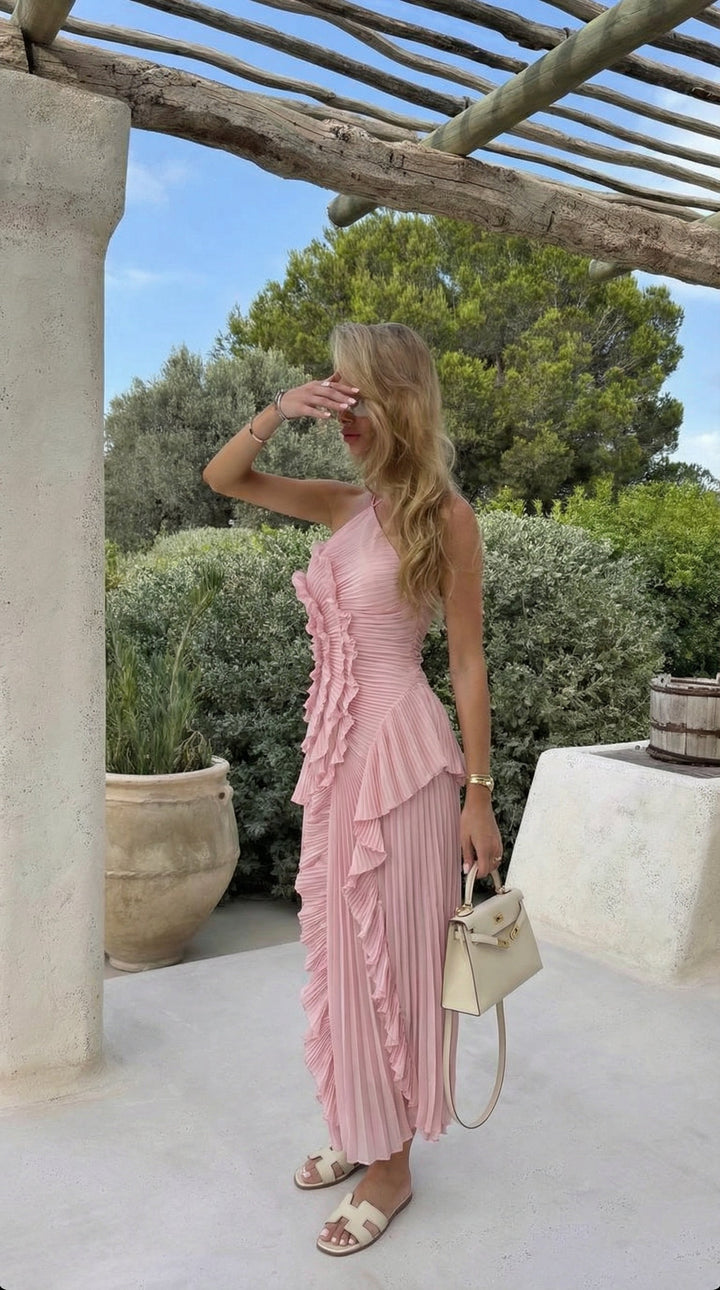 Stylish asymmetrical ruffle maxi dress, a women's halter neck design perfect for formal occasions.
