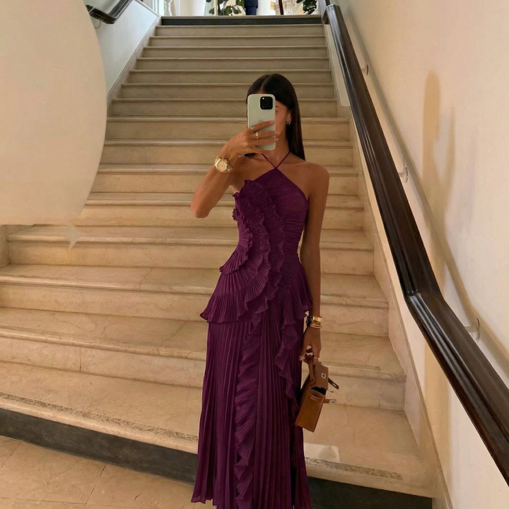 Stylish women's asymmetrical halter neck maxi dress, perfect for formal & evening wear.