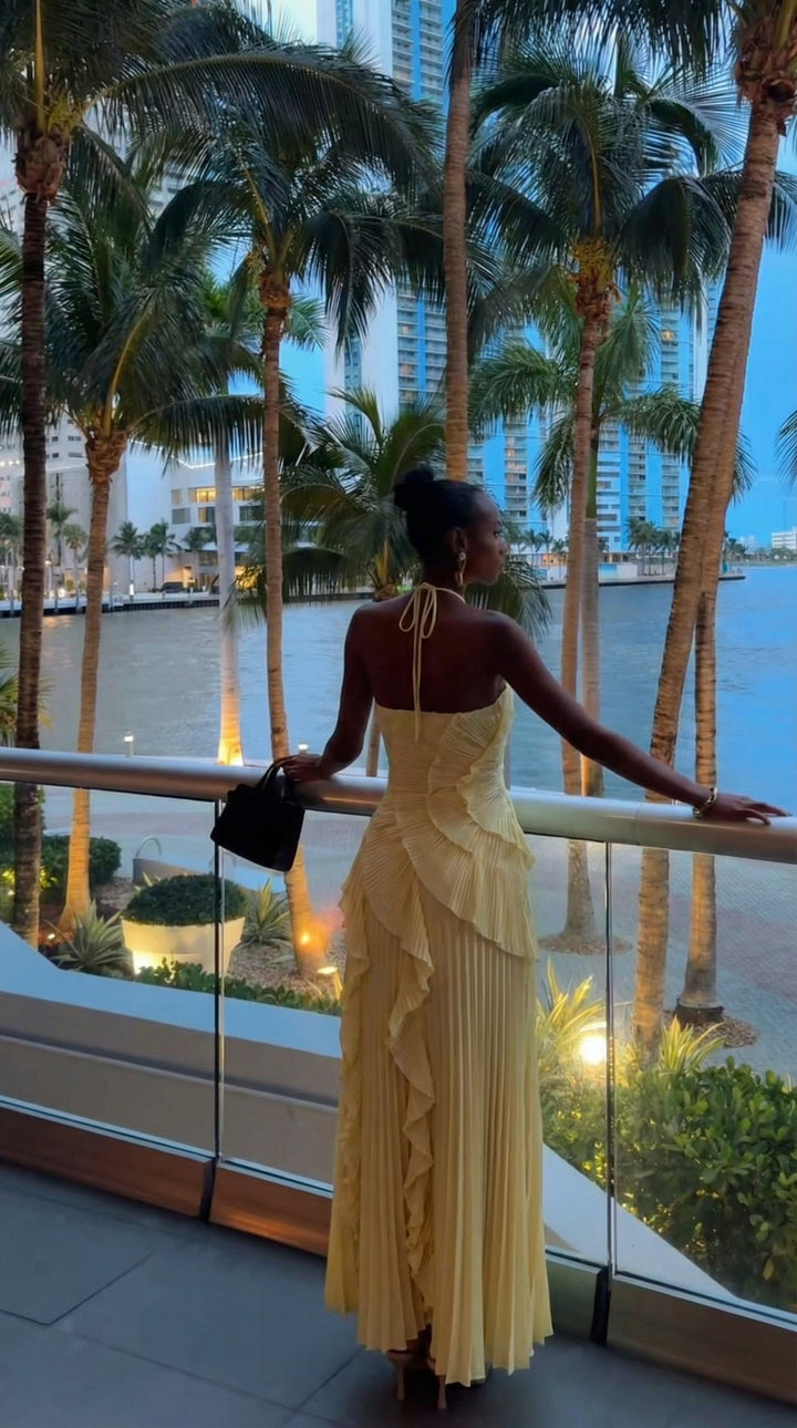 Beautiful asymmetrical women's maxi dress, a graceful halter neck gown perfect for evening parties.