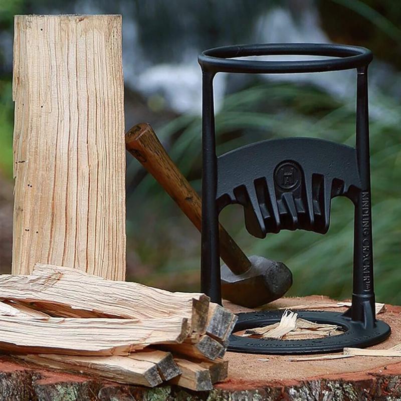 Durable heavy-duty manual log splitter, designed for easy firewood preparation, essential steel tool for camping.