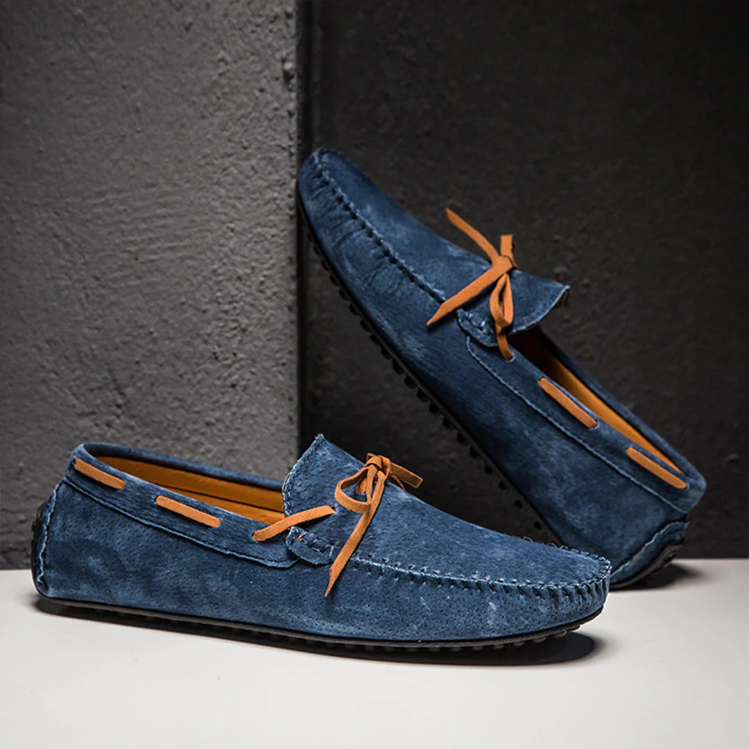 Stylish men's moccasin style slip-on loafers, comfortable for driving & everyday wear.