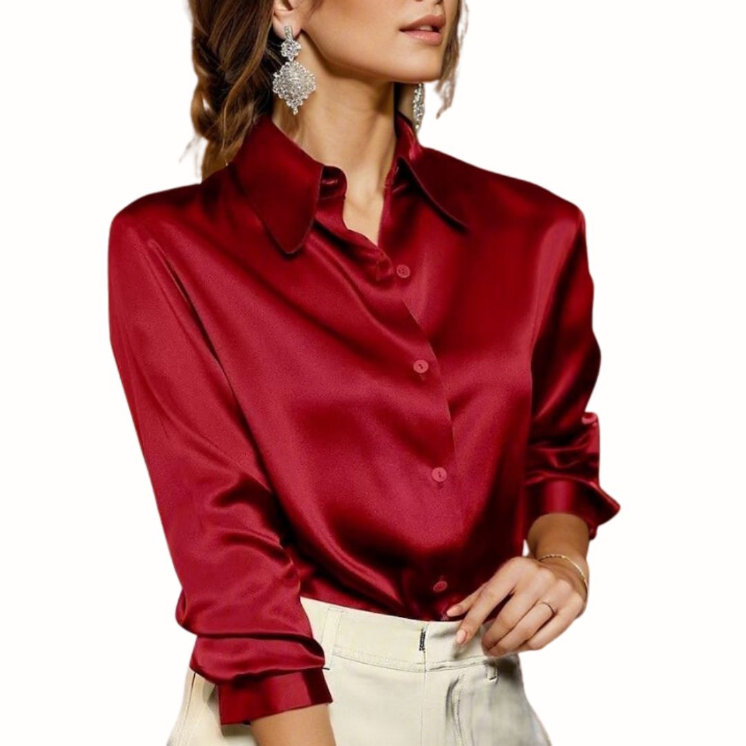Elegant Elara women's long-sleeve satin blouse with a luxurious, silky feel & radiant glossy finish for work or parties.