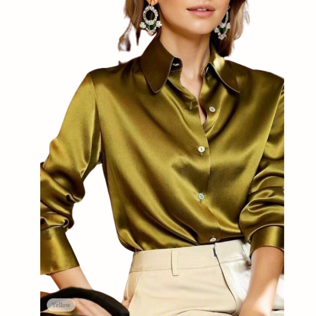 Luxurious Elara satin blouse for women, featuring a glossy, silky finish & elegant long sleeves, a new dressy arrival.