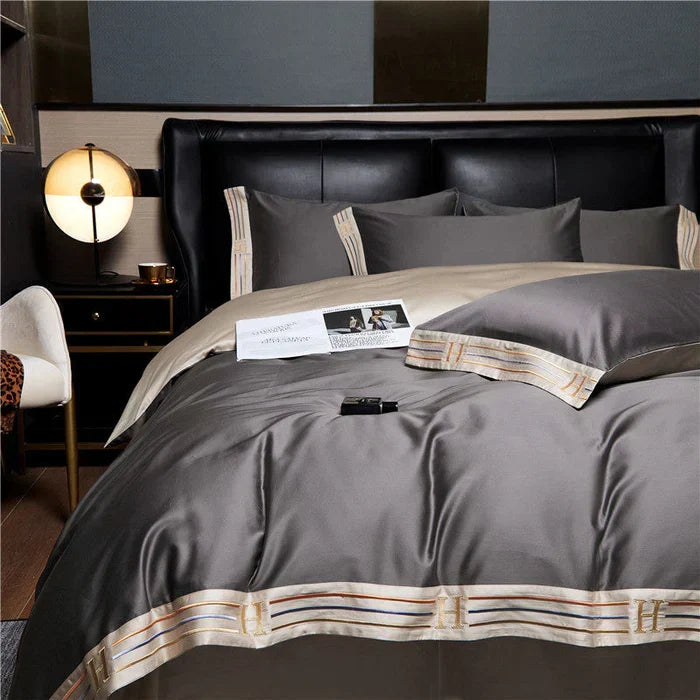 Luxurious satin cotton bedding set with elegant embroidery. Soft, comfortable, 300 TC for all-season bedroom.