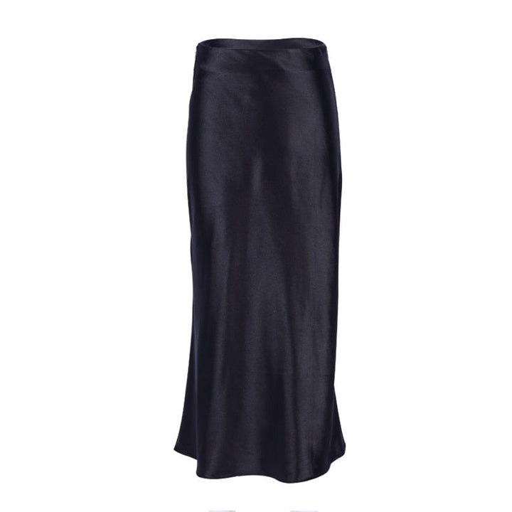 Detail of the high-waist on the shimmering A-line midi skirt. Comfortable & flattering fit.