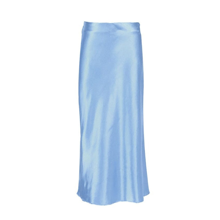 Modern women's midi skirt, high-waisted A-line design, with a chic shimmering fabric. Versatile elegance.