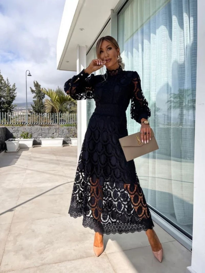 Women's elegant crochet lace midi cocktail dress for special occasions. Perfect evening gown.
