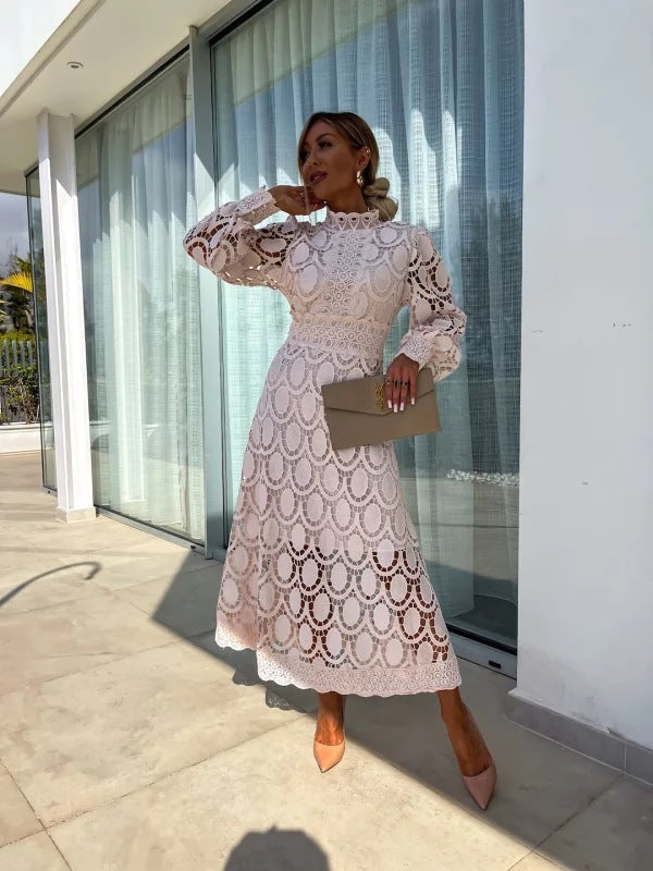 Elegant women's long sleeve crochet lace midi dress, a stunning party or formal wear option.