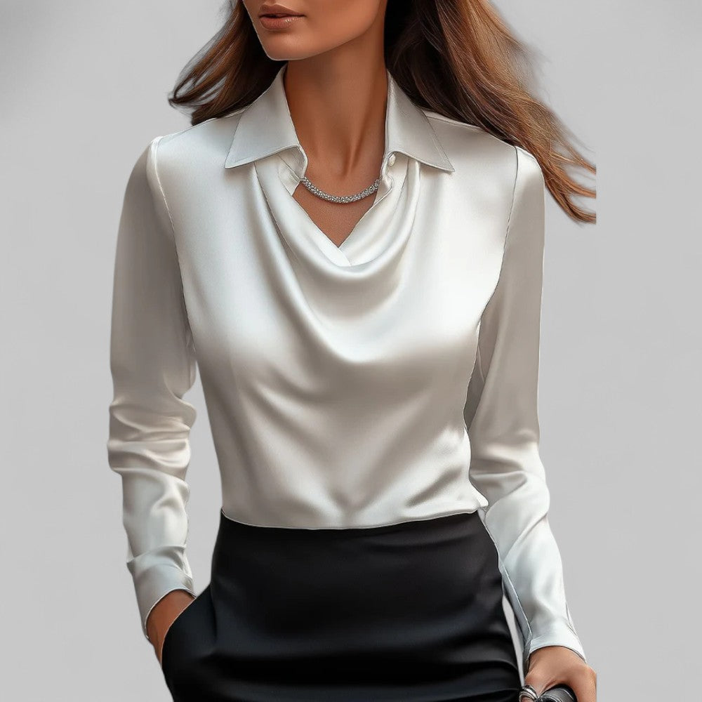 Elegant women's cowl neck collared blouse with long sleeves, perfect for office or evening wear.