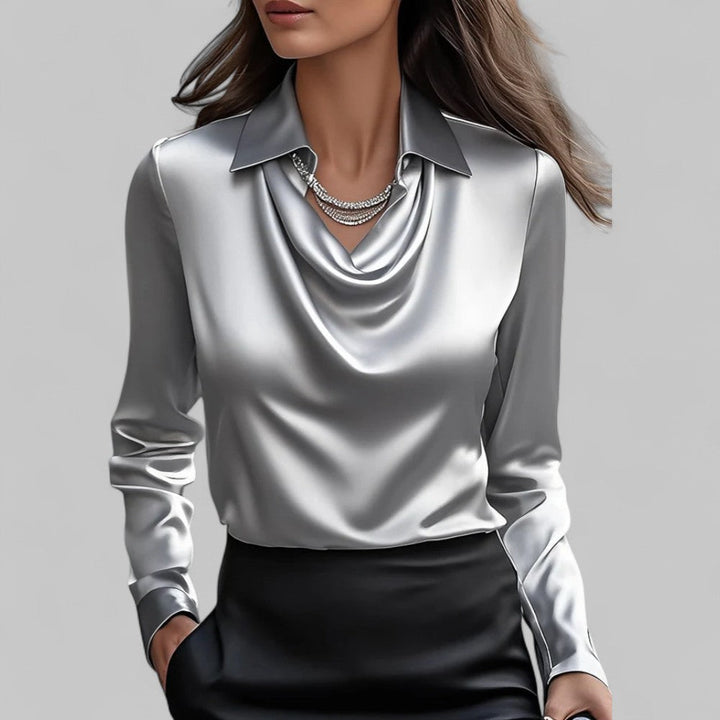 Chic flowing long sleeve cowl neck blouse for women, ideal for workwear or a dressy evening.