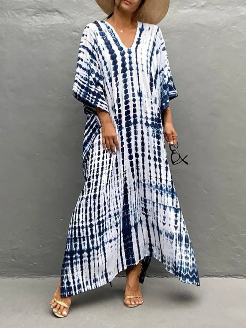 Elegant tie-dye kaftan maxi dress with a relaxed fit, great women's beach vacation style.