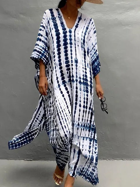 Oversized V-neck tie-dye kaftan maxi dress, comfortable & elegant resort wear for women.