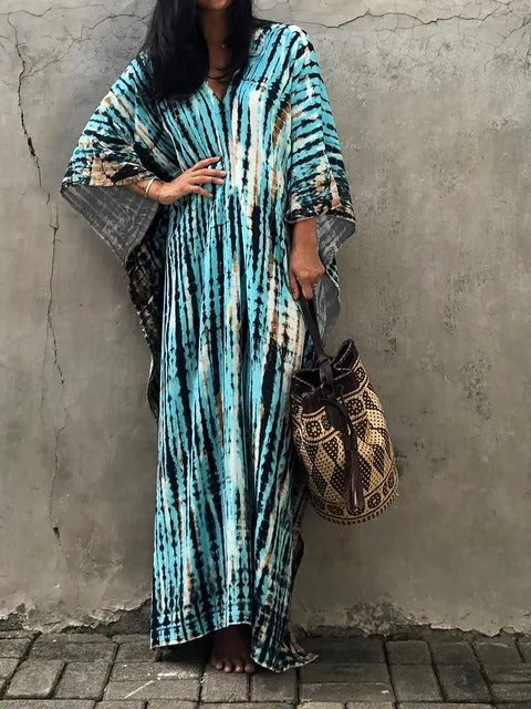 Women's casual summer tie-dye kaftan maxi dress with a relaxed, flowing silhouette.