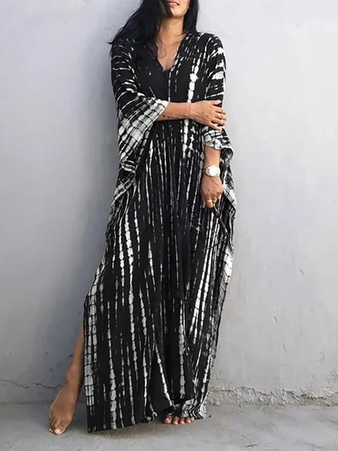 Elegant blue tie-dye kaftan maxi dress, ideal women's beach holiday & resort wear.