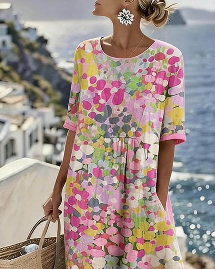 Elegant women's day dress, floral print midi with flowy, comfortable design.