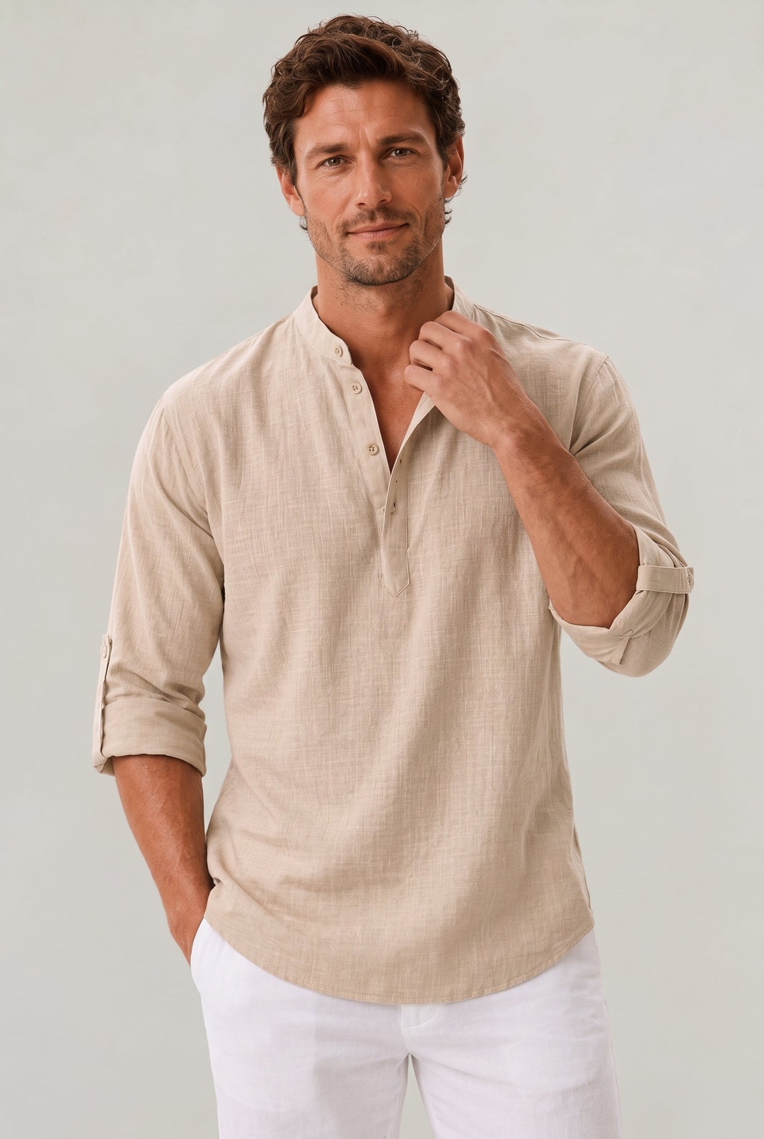 Men's chic grandad collar shirt with roll-up sleeves, perfect for casual summer wear.
