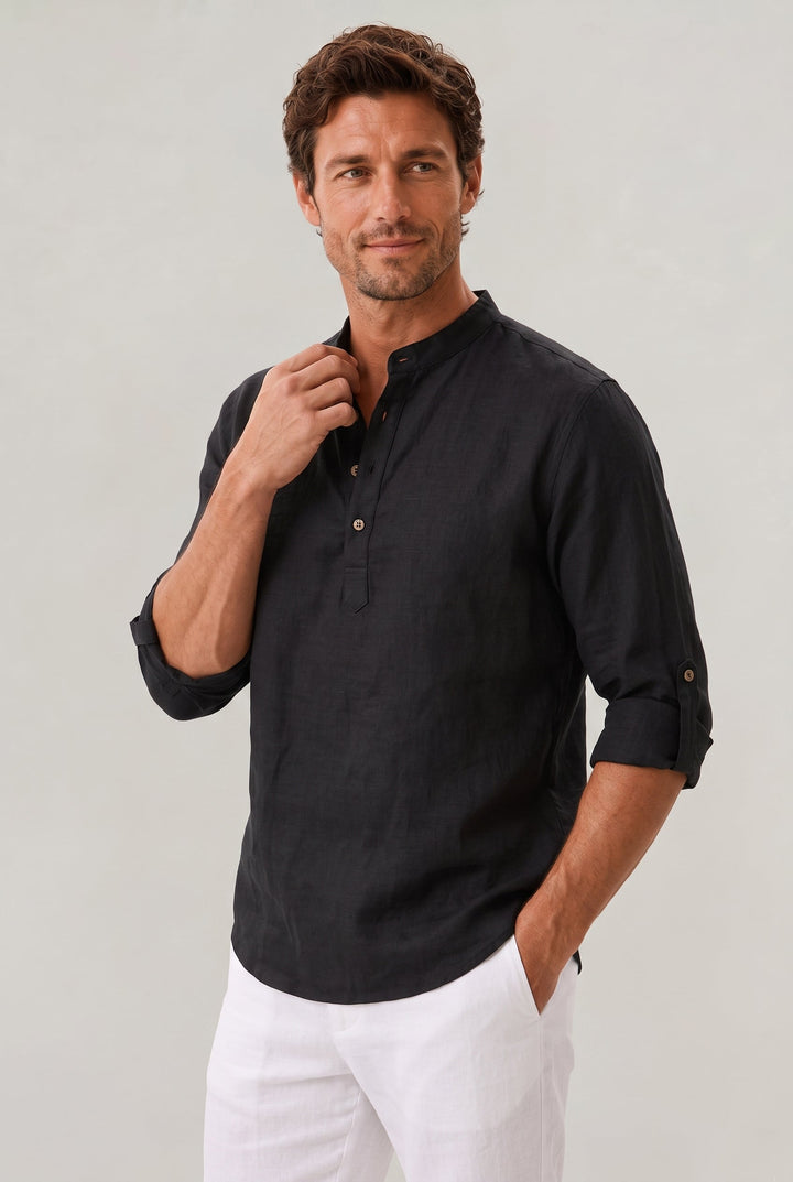 Men's casual grandad collar shirt featuring roll-up sleeves and button-front for summer style.