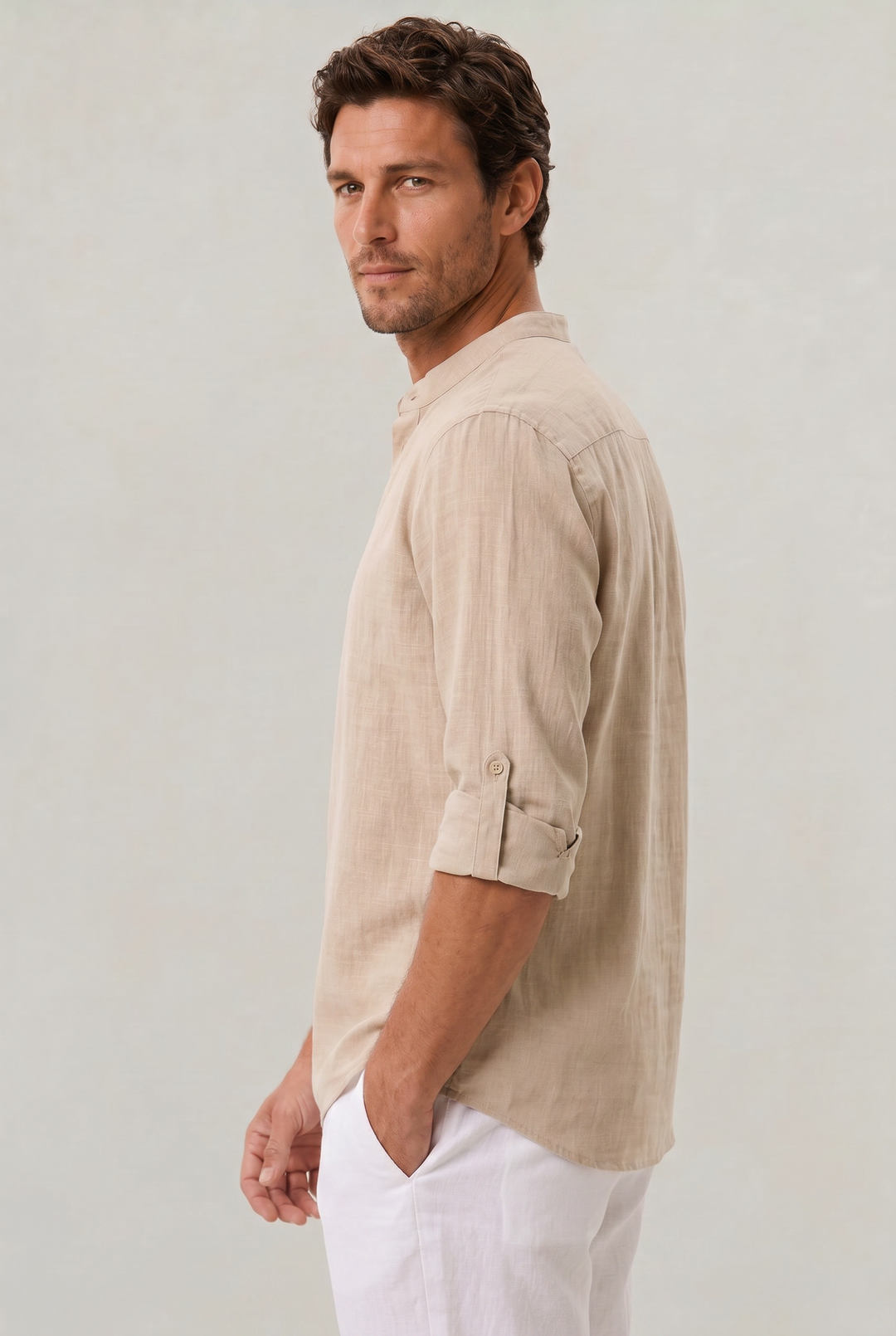Relaxed fit men's grandad collar shirt, ideal for smart casual summer vacation outfits.