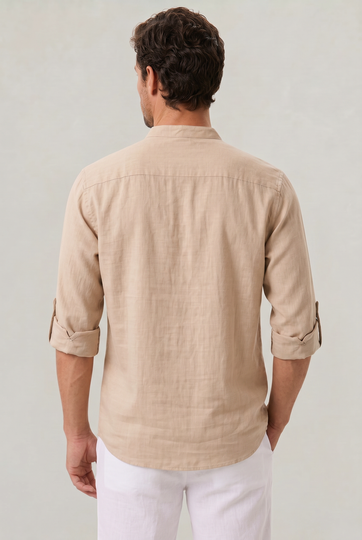 Button-front men's grandad collar shirt with rolled-up sleeves for a relaxed casual summer look.