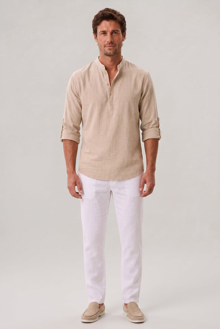 Lightweight men's grandad collar shirt with roll-up sleeves, great for warm weather & travel.