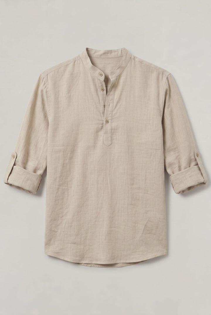 Stylish men's grandad collar shirt, roll-up sleeves for casual or smart casual summer events.