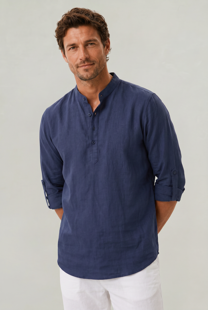 Chic men's grandad collar shirt with functional roll-up sleeves, great for a relaxed summer ensemble.