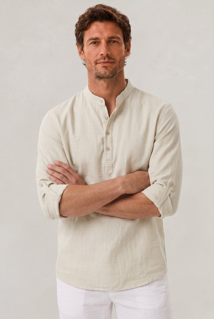 Modern grandad collar men's shirt with roll-up sleeves, a comfortable choice for summer casual outfits.