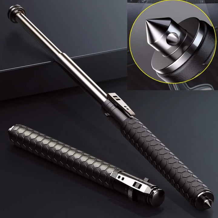 Durable automatic self-defense walking stick with anti-slip grip. Tactical personal safety & hiking aid.