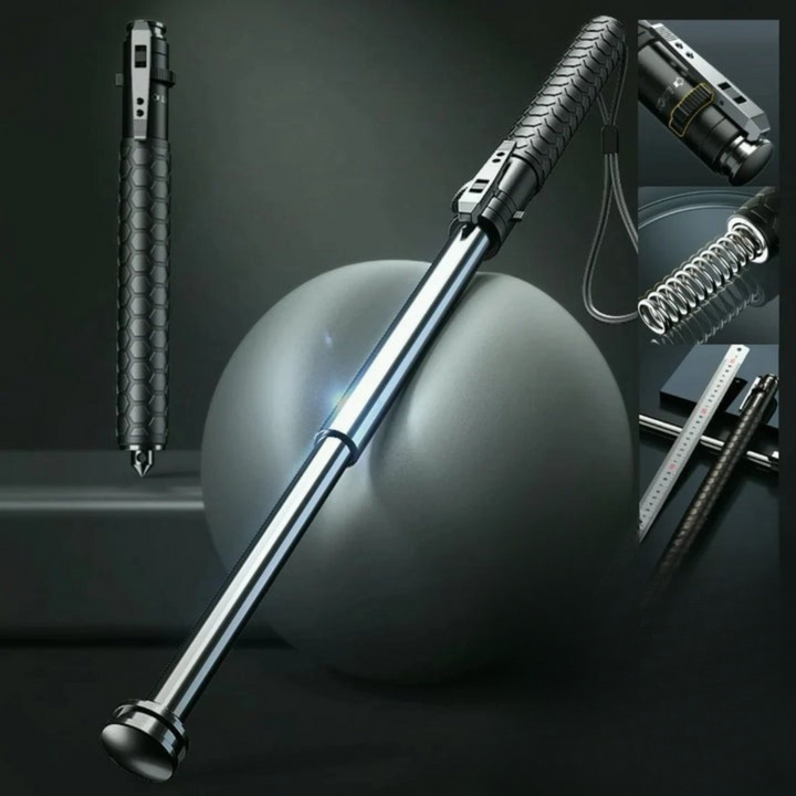 Portable self-defense walking stick, automatic deployment & anti-slip grip. Essential personal safety outdoor gear.