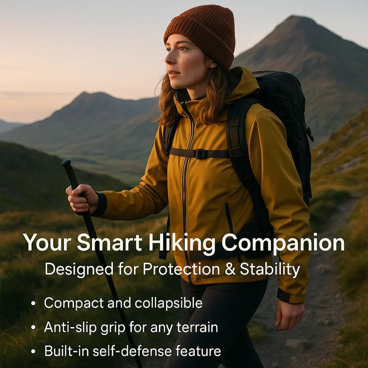 Unisex automatic walking stick featuring an anti-slip grip. Ideal hiking aid and self-defense tool for personal safety.