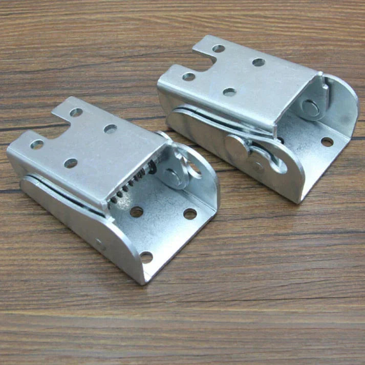 High-quality stainless steel self-locking folding hinge for tables & shelves. Robust and space-saving furniture hardware.