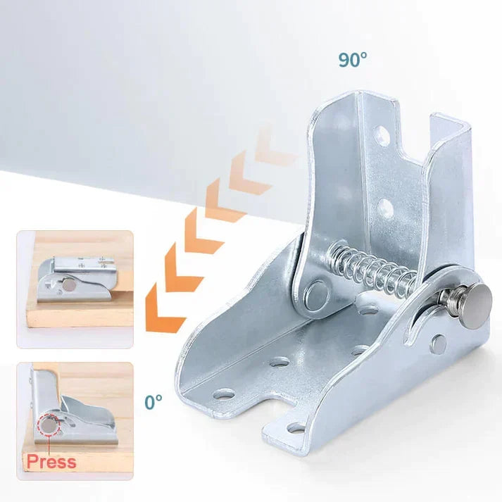 Space-saving self-locking folding hinge. Heavy-duty stainless steel for durable furniture, tables & shelf brackets.