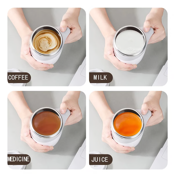 Automatic mixer coffee cup with rechargeable self-stirring function and lid. A convenient kitchen gadget.