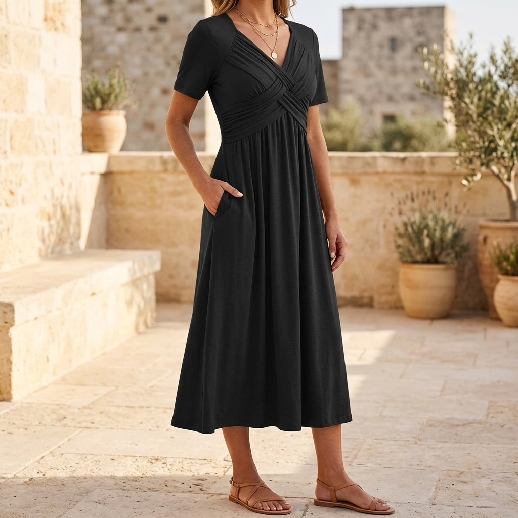 Women's Crossover V-Neck Midi Dress with Pockets, flattering A-line silhouette, comfortable everyday wear.