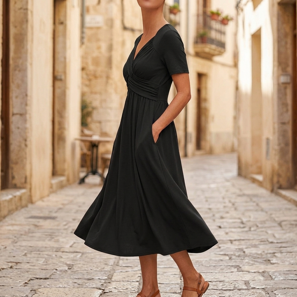 Elegant women's V-neck midi dress, perfect for summer parties, featuring an empire waist and convenient pockets.