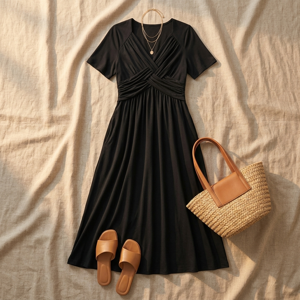 Flattering women's A-line midi dress featuring a crossover V-neck, empire waist, and pockets for modern style.