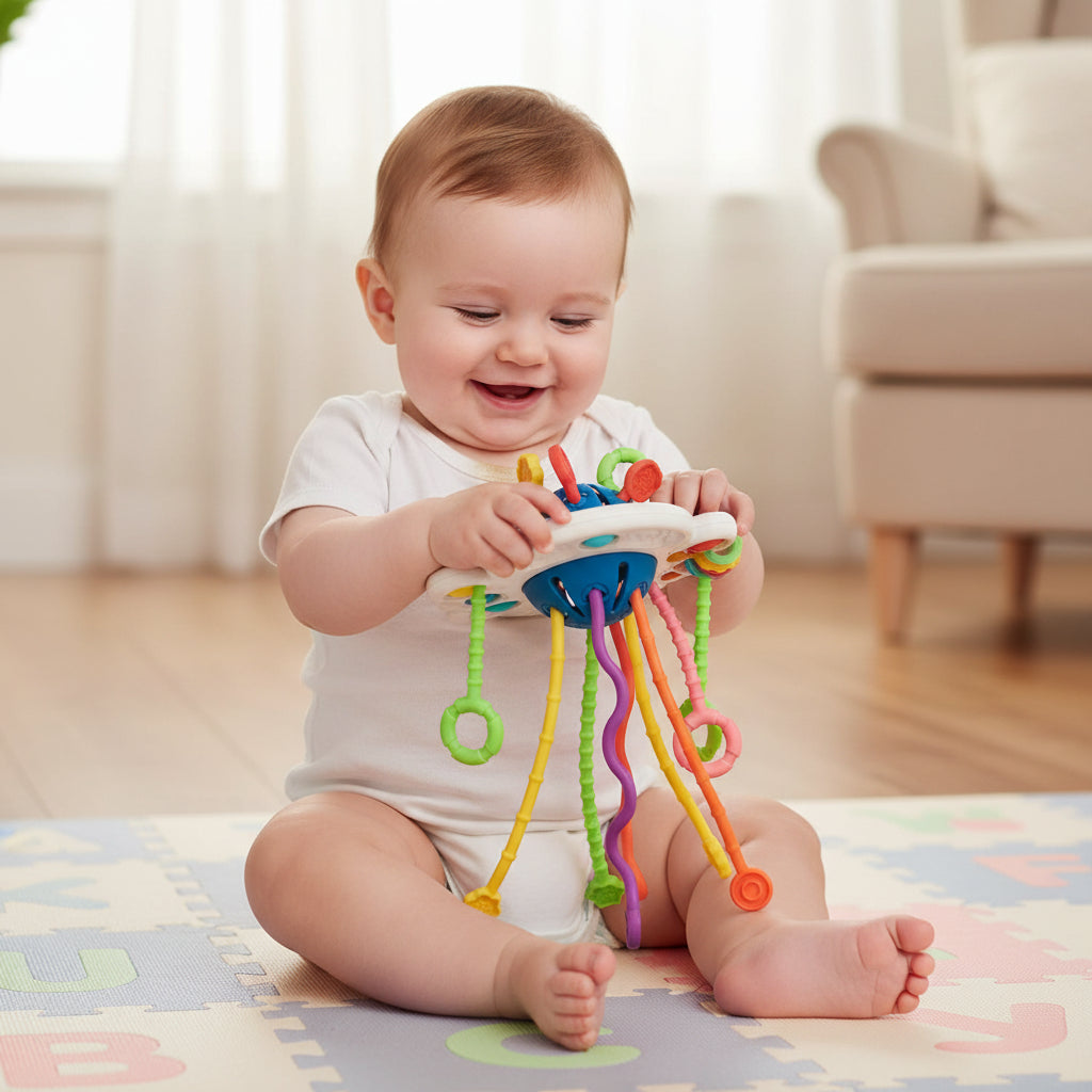Infant sensory activity toy for teething & fine motor skills. Features soft buttons & textured cords for early education.