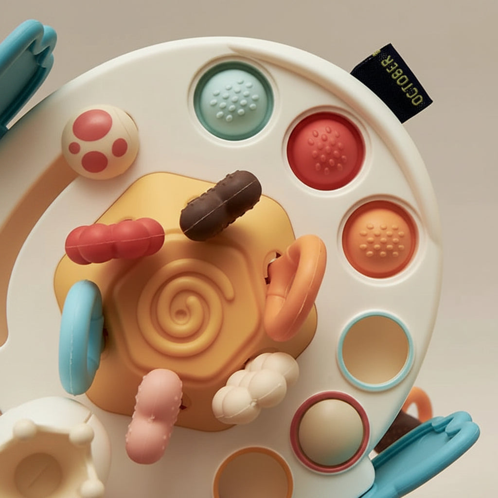Infant learning toy for early education. Develops fine motor & sensory skills with soft buttons, textured cords, teething relief.