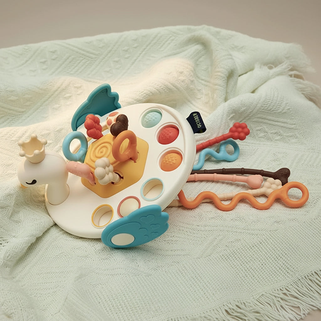 Multi-sensory infant toy: teething relief, fine motor development, activity play. Features soft buttons & textured cords.