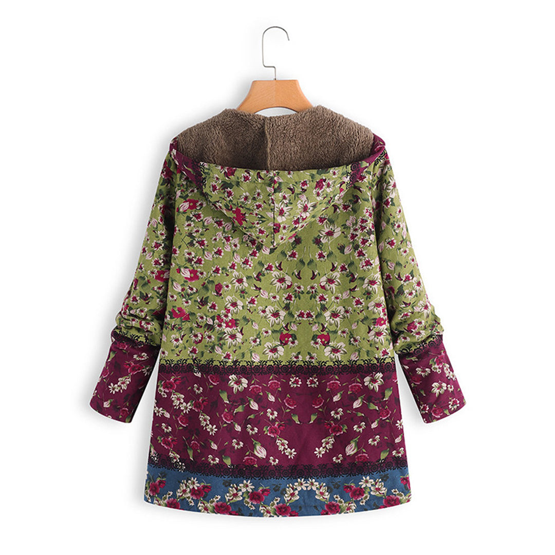 Stylish Seraphina women's teddy coat with a cozy hood and beautiful floral pattern. Ideal comfortable outerwear.