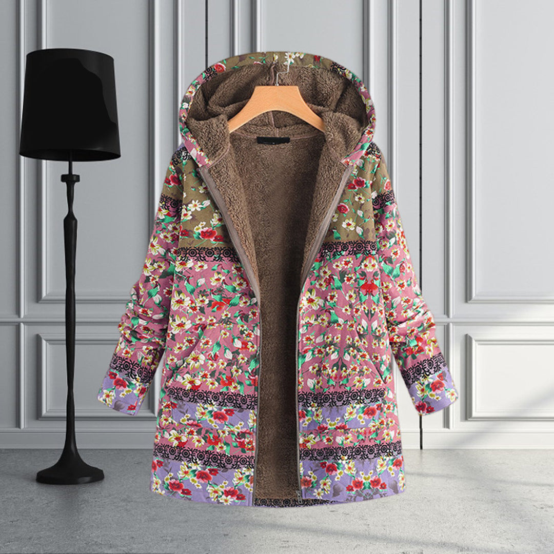 Long, cozy, and stylish women's hooded floral print outerwear. Perfect warm jacket for winter fashion.