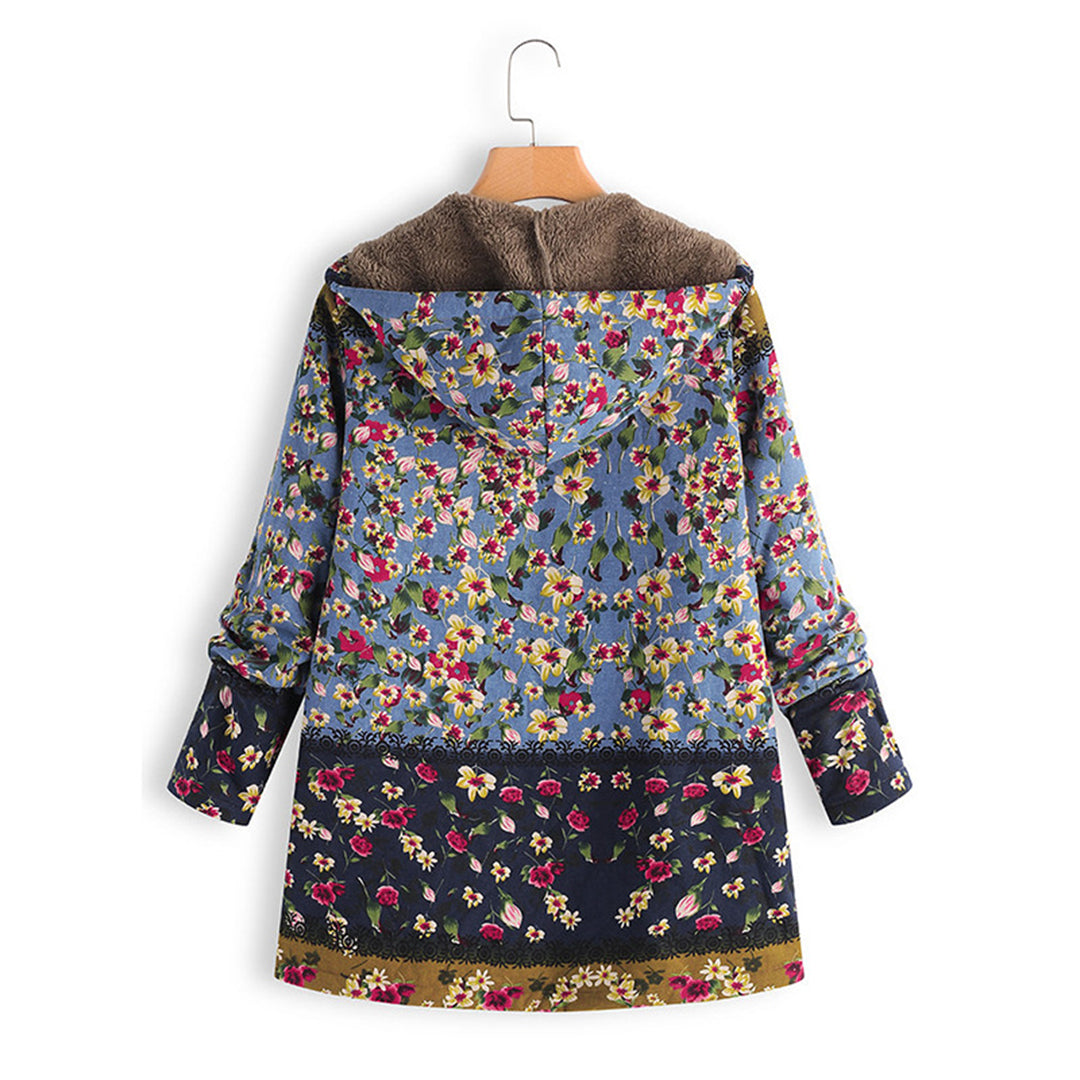 Seraphina long women's hooded coat, featuring a lovely floral print. A warm & comfortable fall/winter choice.