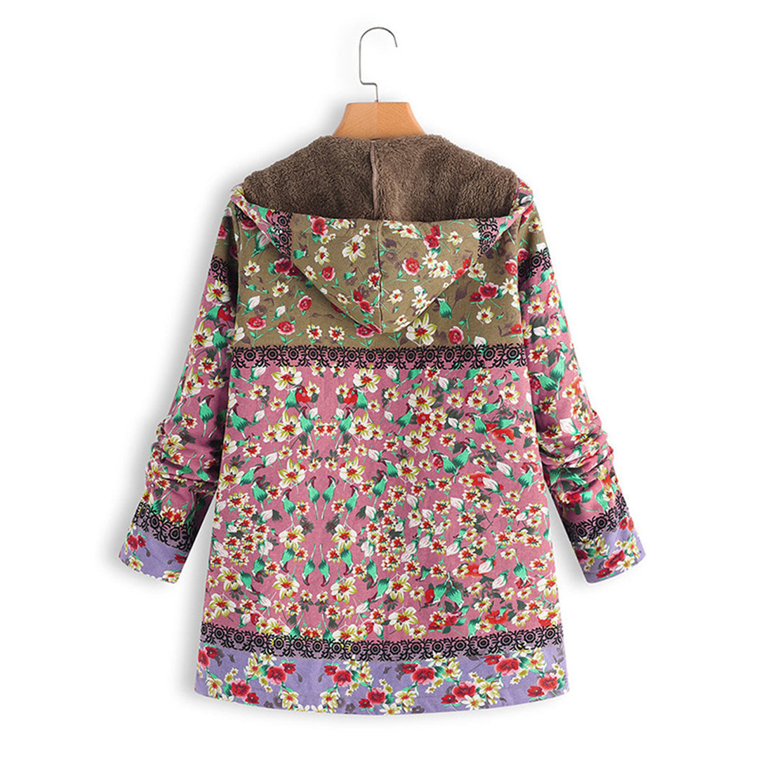 Elegant women's long hooded floral winter coat, providing warmth and style for cold weather outerwear.