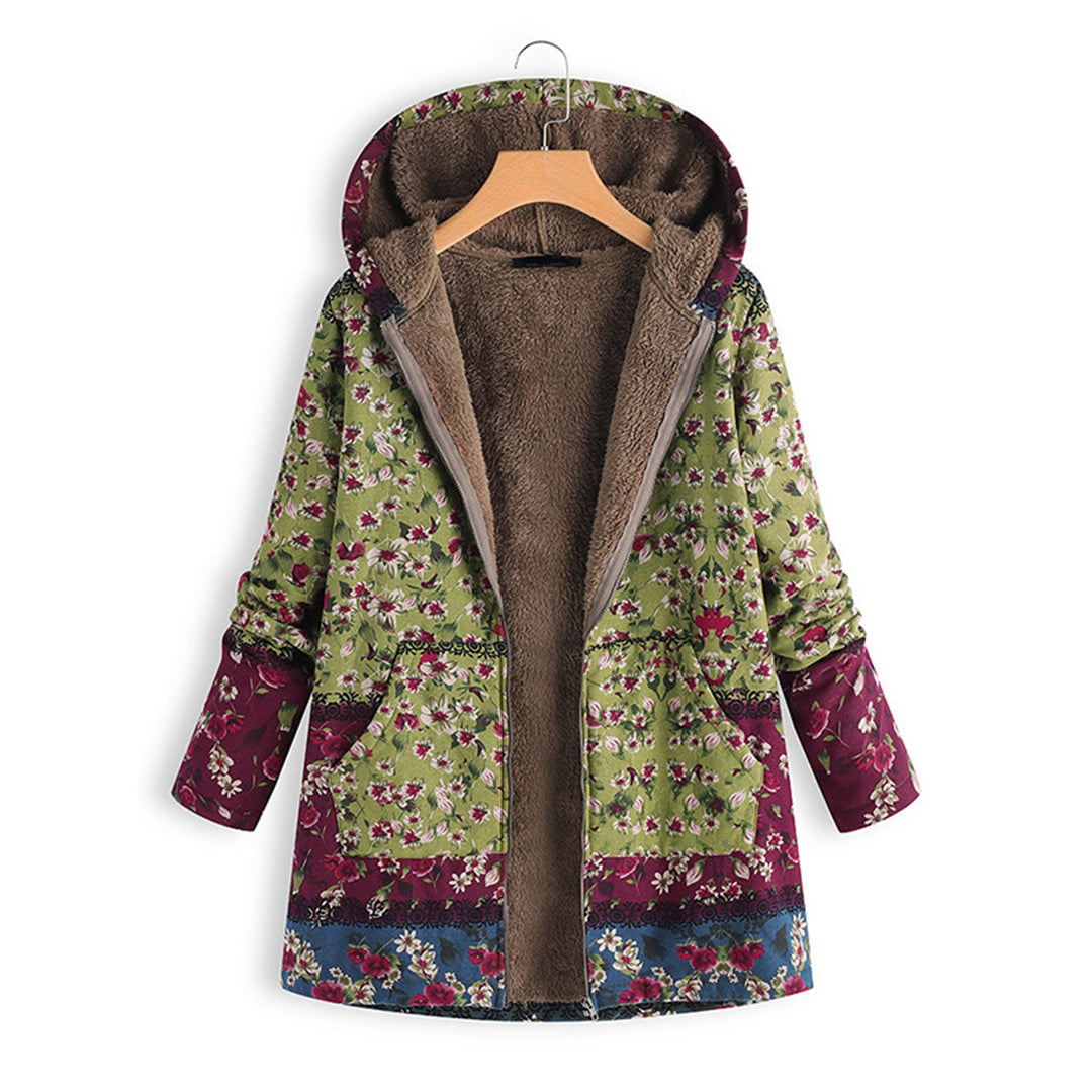 Cozy women's long hooded coat with beautiful floral print, ideal for fall and winter fashion.