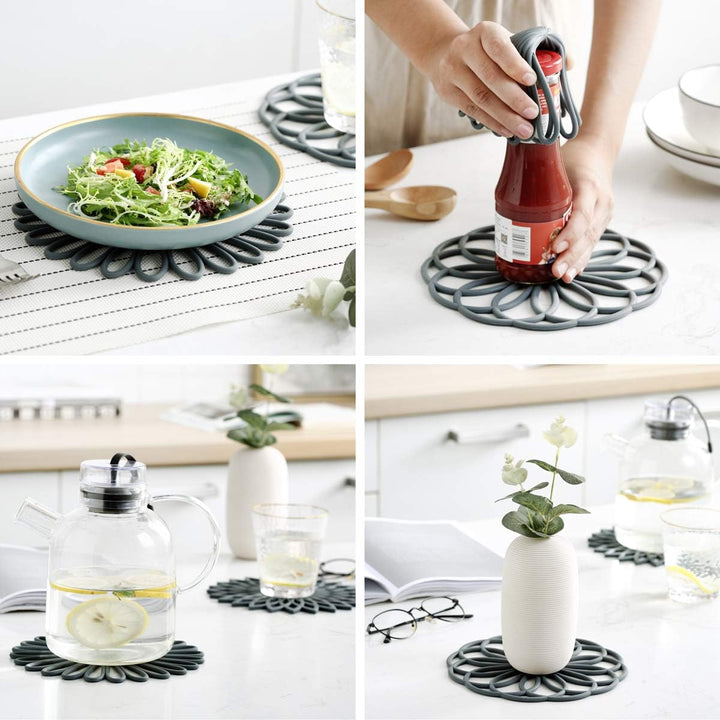 Practical 3-pack silicone warmth pads, designed for heat resistance & table safety.