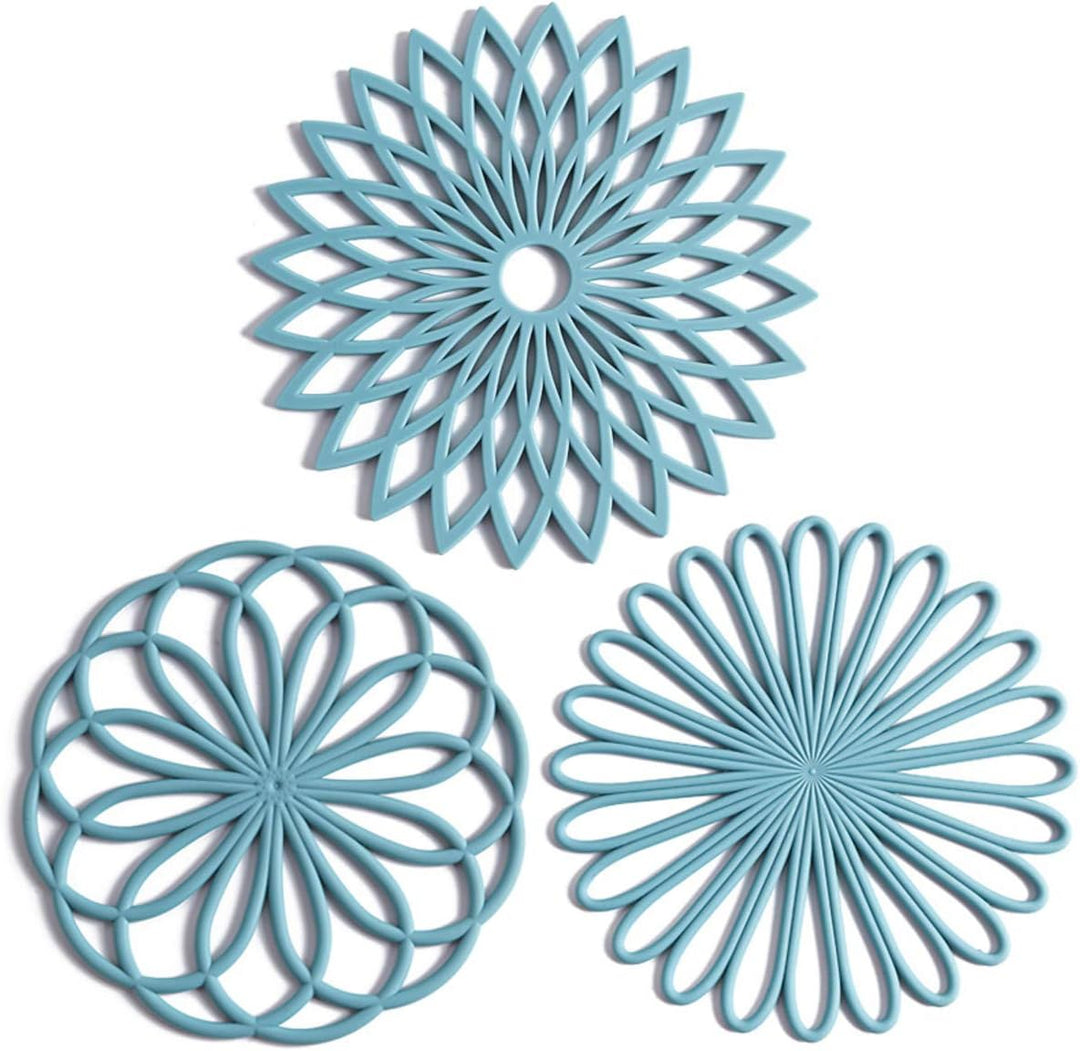 Multi-purpose set of 3 silicone coasters, trivets, and hot pads for kitchen & dining.