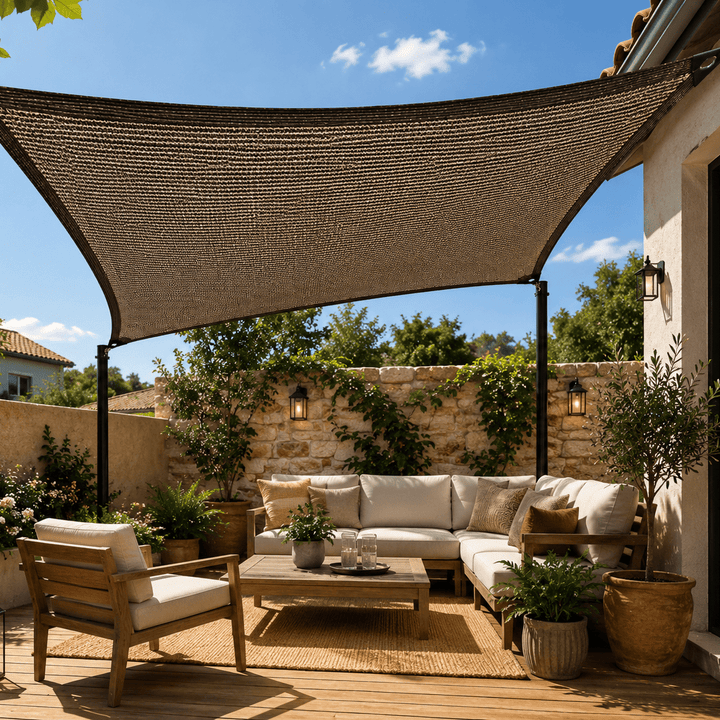 Durable sun shade net provides UV protection for gardens, patios, and decks, enhancing outdoor living.