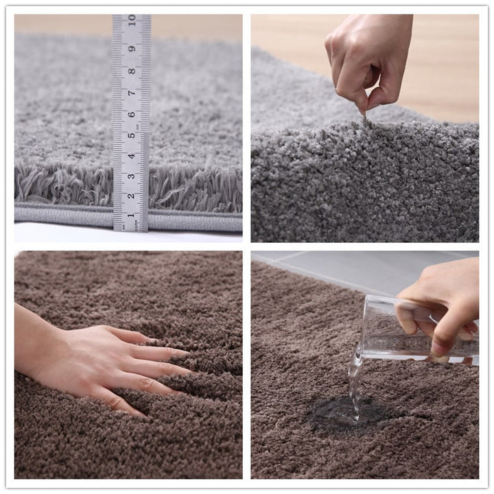 Absorbent microfiber bath mat, shaggy texture, and non-slip for a safe bathroom floor.